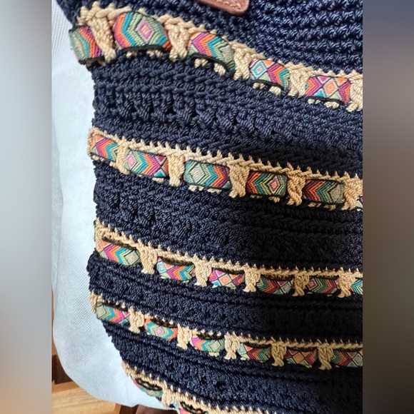 The Sak Cambria Crocheted Large Double Strap Zip Top Tote Navy Woven Ribbon - Picture 3 of 10